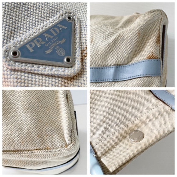 Prada natural canvas blue leather trim snap button tote bag - Picture 5 of 11